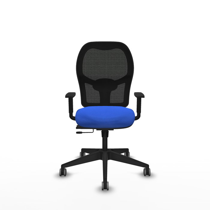 Chaise Alocén Synchrone/Traslack tissu Bleu Maille Noir Base pyramidale noire Accoudoir 1D Sans appui-tête Roulettes 65mm pour moquette