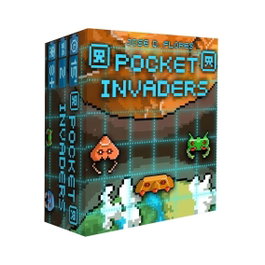 Sd games Pocket Invaders Troisième Édition avec expansion<|image> most-recent-edition-info: included expansion Más Enemigos; 2 players; 15 min duration; 8+ age; retro pixel style; Spanish, English, French languages; compact/portable design.