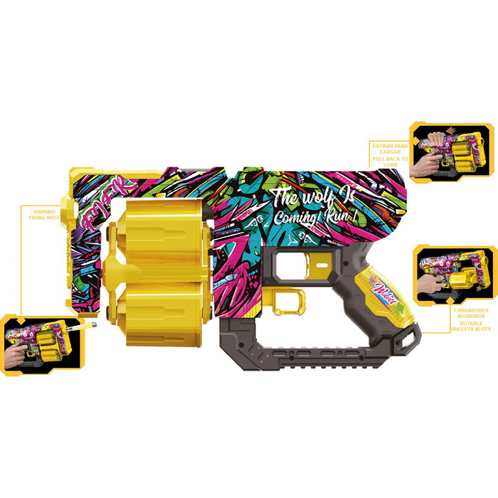 TACHAN Pistolet Blaster Street Shot avec Cargador Automatique et 12 Dardos de Mousse - Modèle T01035, Style Grafitero Moderne, pour Enfants 8 Ans et Plus TACHAN Pistolet Blaster Street Shot avec Cargador Automatique et 12 Dardos de Mousse - Modèle T01035, Style Grafitero Moderne, pour Enfants 8 Ans et Plus