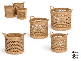 Giftdecor Lot de 3 Cestos Ronds Ajourés 40 cm Diamètre en Algue Marine Marron