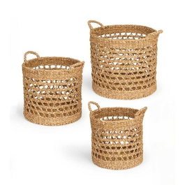 GIFTDECOR Set de 3 paniers ronds ajourés en algue de mer Marron