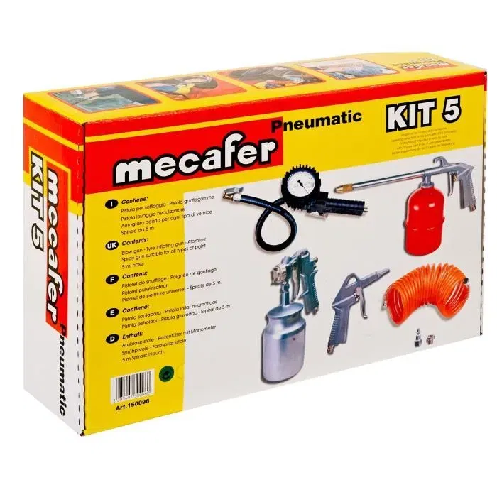 Mecafer Kit d'Accessoires Pneumatiques 9179151 - Pistolet à Peinture, Soufflette, Pulvérisateur Tous Liquides, Flexible 3m, Poignée de Gonflage et Embouts