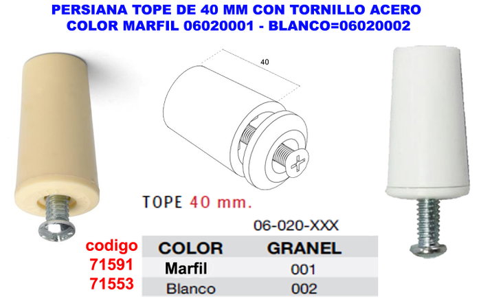 Tope de persienne 40 mm avec vis en acier blanc Tope de persienne 40 mm avec vis en acier blanc