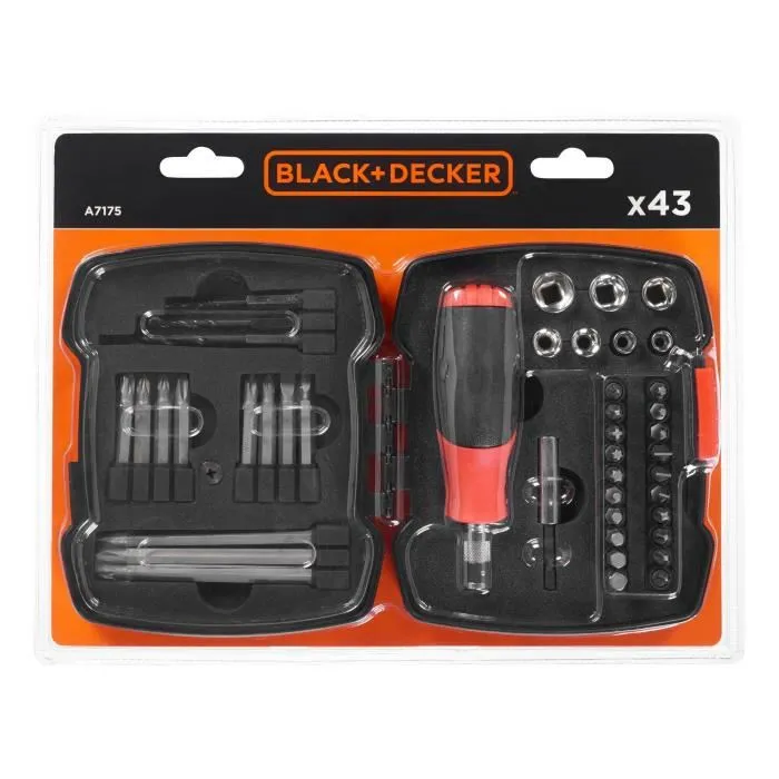 Black + Decker Coffret tournevis à cliquet A7175-XJ - 43 pièces incluant embouts, douilles et mèches pilotes