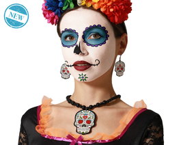 Set de collier et boucles d'oreilles avec crânes et roses pour la Catrina, Muerte Mexicana