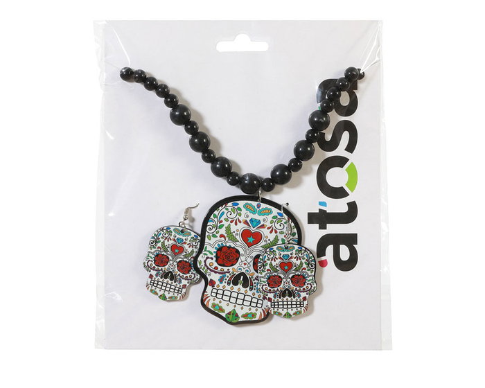 Set de Collier et Boucles d'Oreilles Calavera avec Roses pour Fête du Jour des Morts, Déguisement Mexicain Catrina