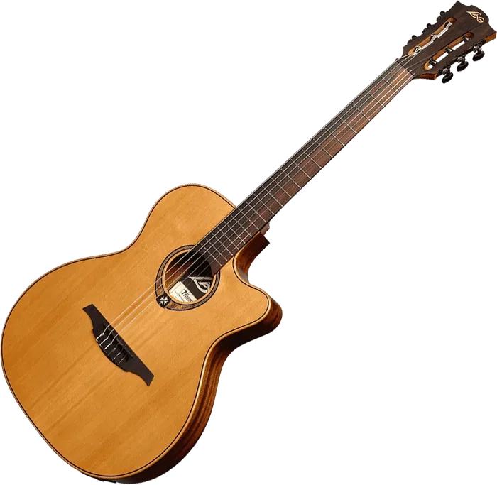 LAG Guitare Acoustique Nylon Auditorium Slim Cutaway Red Cedar - Khaya, Table Cèdre Massif, Électronique Fishman LAG Guitare Acoustique Nylon Auditorium Slim Cutaway Red Cedar - Khaya, Table Cèdre Massif, Électronique Fishman