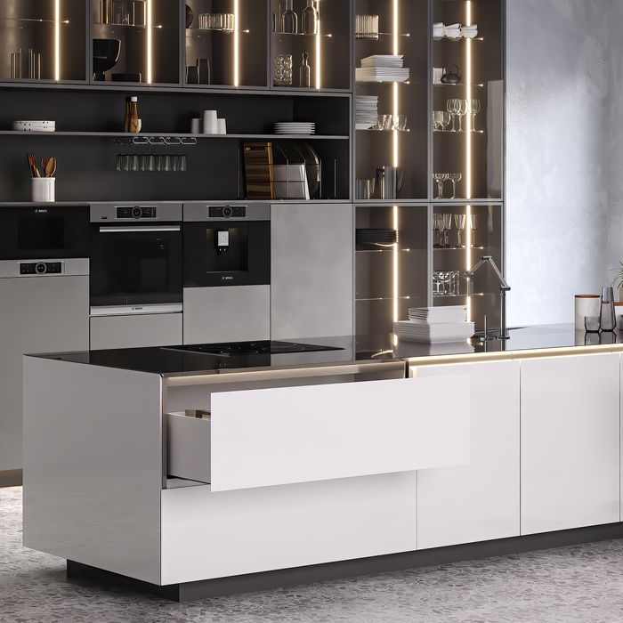 Emuca Tiroir extérieur Vertex Push Synchro avec réglages 3D, hauteur 93mm , 40kg, profondeur 350mm, Acier, Peint en blanc