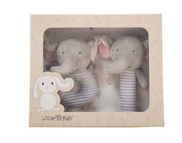 Creaciones Llopis Set de naissance éléphant : Boîte souvenir + carré de bain en museline 90x65 cm + hochets (couineur et sonajero) 20 cm