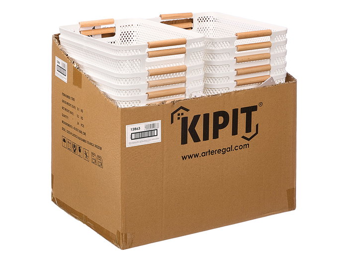 KIPIT Panier en plastique avec anse en bambou blanc