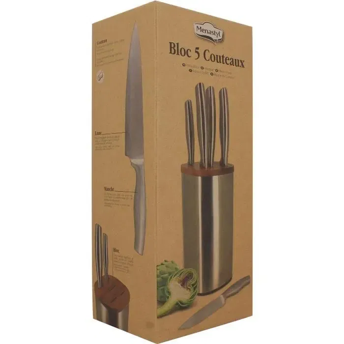 Menastyl Bloc de couteaux 5 pièces 5041070 - Couteaux cuisine inox avec lames 20.5cm, 10cm, 7.5cm pour pain, chef, viande, légumes