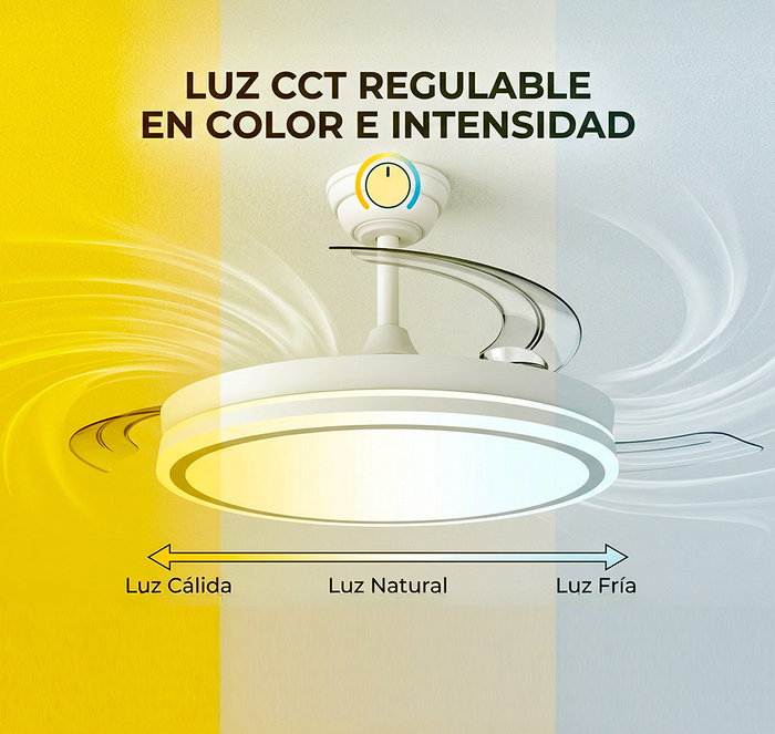 Ventilateur de plafond DC Blanc/Argent avec éclairage LED 60W et pales escamotables