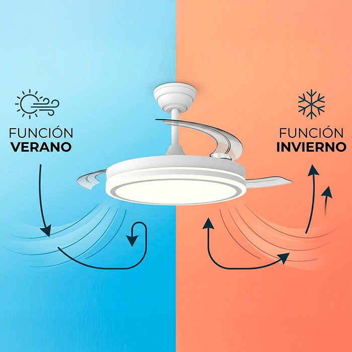 Ventilateur de plafond DC Blanc/Argent avec éclairage LED 60W et pales escamotables