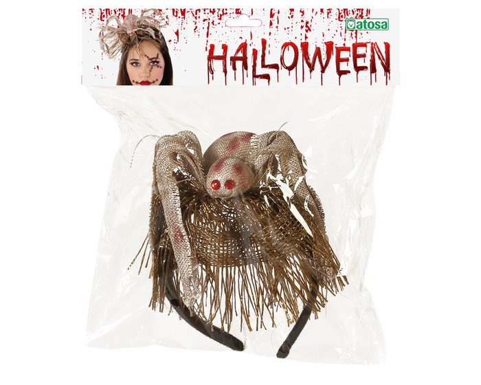 Diadème Halloween Araignée géante Voo Doo en toile de jute marron avec détails dorés et yeux rouges pour déguisement sorcière vaudou