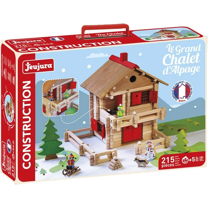 Jeujura - Le Grand Chalet d'Alpage - Jeu de Construction en Bois 215 Pièces - avec Figurines et Accessoires - Valisette de Rangement - À Partir de 5 Ans