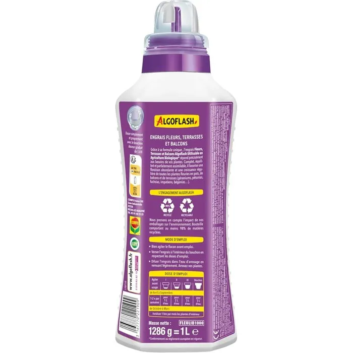 Algoflash - Engrais liquide pour fleurs, terrasses et balcons - 1 L - NATURASOL - Fertilisation optimale pour plantes à fleurs