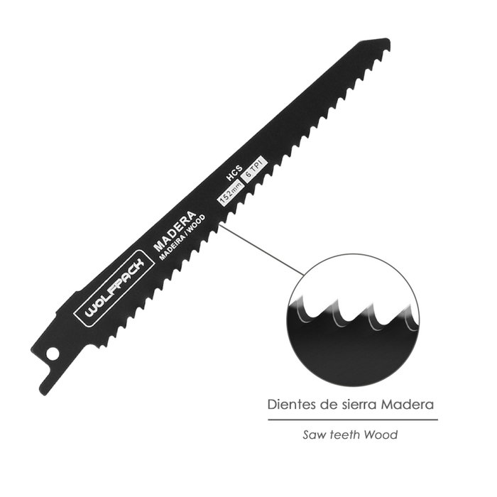 WOLFPACK LINEA PROFESIONAL Lames de scie sabre pour bois 152 mm 6T (Lot de 5) WOLFPACK LINEA PROFESIONAL Lames de scie sabre pour bois 152 mm 6T (Lot de 5)