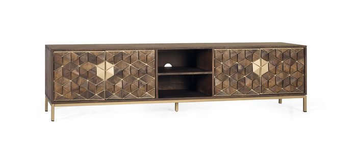 GINER Y COLOMER - Meuble TV 4 portes en bois de manguier avec structure métal, finition noyer et doré, 190x50x40 cm