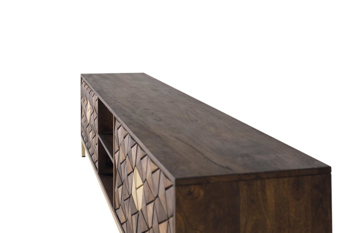 GINER Y COLOMER - Meuble TV 4 portes en bois de manguier avec structure métal, finition noyer et doré, 190x50x40 cm