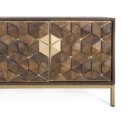 GINER Y COLOMER - Meuble TV 4 portes en bois de manguier avec structure métal, finition noyer et doré, 190x50x40 cm