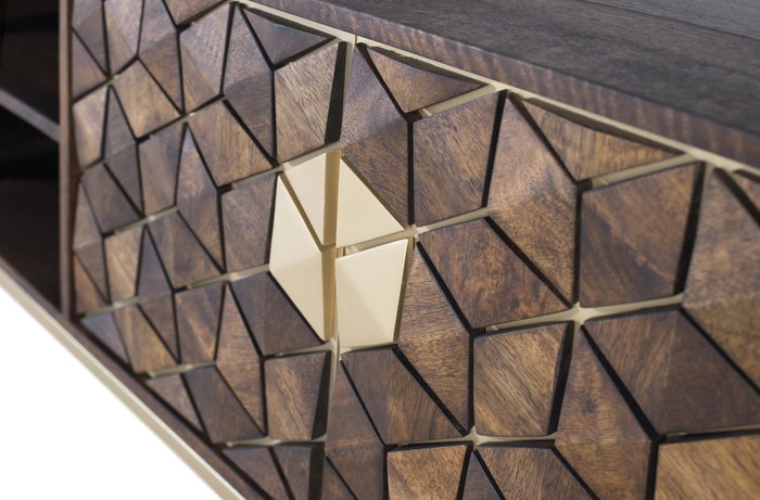 GINER Y COLOMER - Meuble TV 4 portes en bois de manguier avec structure métal, finition noyer et doré, 190x50x40 cm