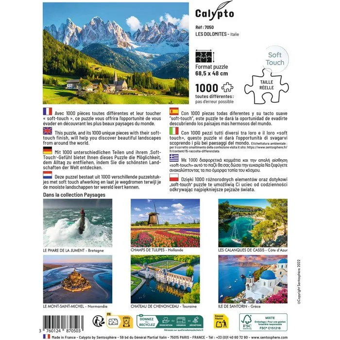 Sentosphere Calypto Puzzle 1000 Pièces - Les Dolomites, Italie - Toucher Soyeux - Dès 9 Ans