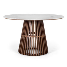 GINER Y COLOMER Table de Centre Ronde en Métal et Marbre Blanc avec Structure en Bois - Style Scandinave/Moderne, Plateau 1,6 cm, Hauteur 74 cm