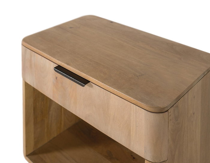 GINER Y COLOMER - Table de chevet en bois de manguier naturel, design minimaliste à coins arrondis, avec tiroir à glissières métalliques et espace de rangement ouvert