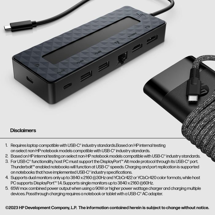 HP Concentrateur USB-C Universel 7 Ports avec 2 Sorties 4K HDMI/DisplayPort et Charge Rapide 100W pour PC Portable