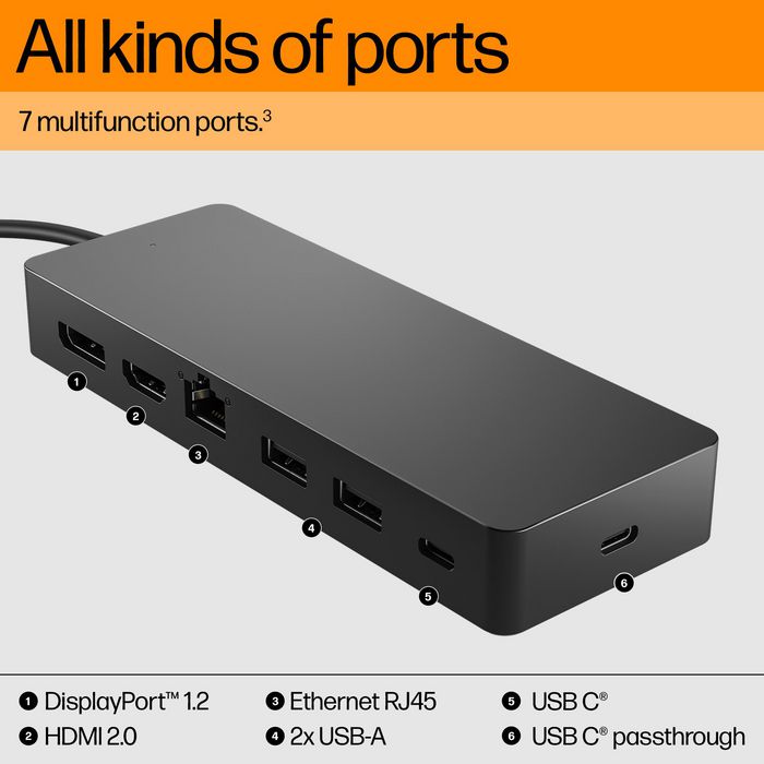 HP Concentrateur USB-C Universel 7 Ports avec 2 Sorties 4K HDMI/DisplayPort et Charge Rapide 100W pour PC Portable