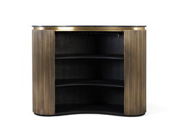 GINER Y COLOMER Buffet bar avec frontal courbé doré et étagères intérieures, marbre noir, design contemporain art déco en bois de manguier et cuivre