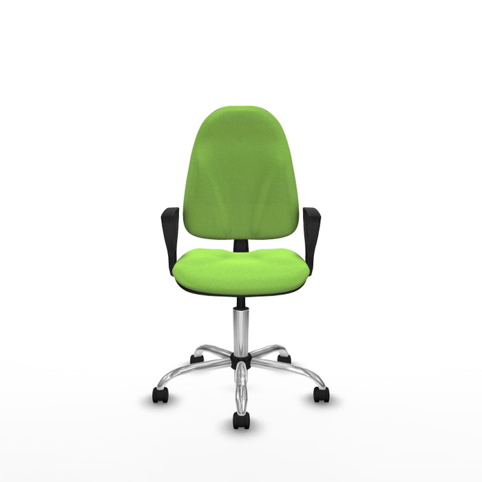 Chaise de bureau Algarra avec mécanisme de contact permanent de base, rembourrée de tissu couleur pistache. Équipée d'une base chromée, d'accoudoirs fixes et de roulettes en nylon de 50 mm