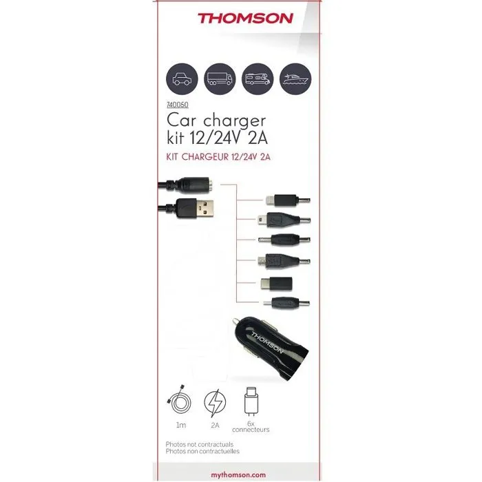 Thomson Chargeur Allume-Cigare 12V/24V 2A avec 6 Connecteurs (Micro USB, USB-C, Lightning) pour Smartphone et Tablette - Câble 1 m