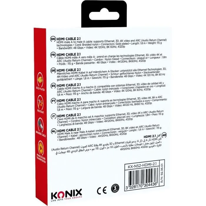 KONIX - Câble HDMI 2.1 pour Nintendo Switch 2 - Compatible 4K et 8K - Nylon tressé - Longueur 1,8 m - Noir