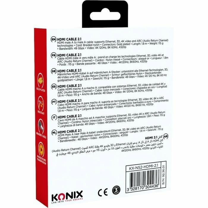 Konix Câble HDMI 2.1 pour Nintendo Switch 2, 1,8 m, Noir Konix Câble HDMI 2.1 pour Nintendo Switch 2, 1,8 m, Noir