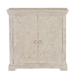 GINER Y COLOMER Buffet en bois de manguier massif, 2 portes et 1 étagère, finition blanc vieilli, 90 x 90 x 40 cm