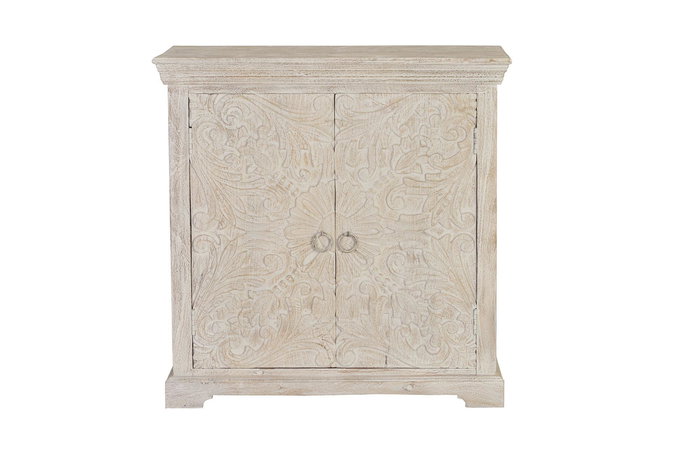 GINER Y COLOMER Buffet en bois de manguier massif, 2 portes et 1 étagère, finition blanc vieilli, 90 x 90 x 40 cm