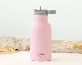 KioKids Bouteille Isotherme Bébé Acier Inoxydable 350 ml - Thermos pour Boisson, Lait, Eau avec Paille Démontable, Conservation Chaud 6h/Froid 9h, Couleur Rose