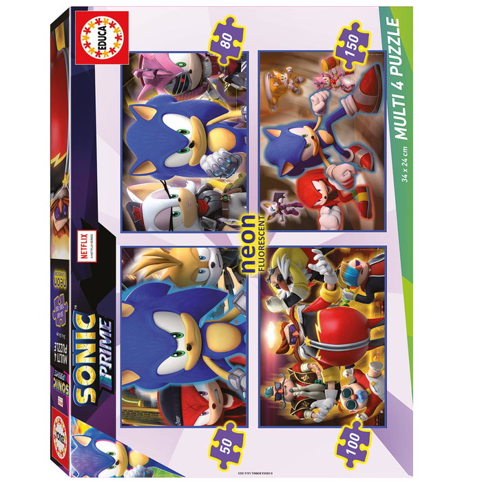 Educa Puzzle Multi 4 Licencié Sonic Neon 19631 - 4 Puzzles Progressifs 50, 80, 100 et 150 Pièces Fluorescents - À Partir de 8 Ans