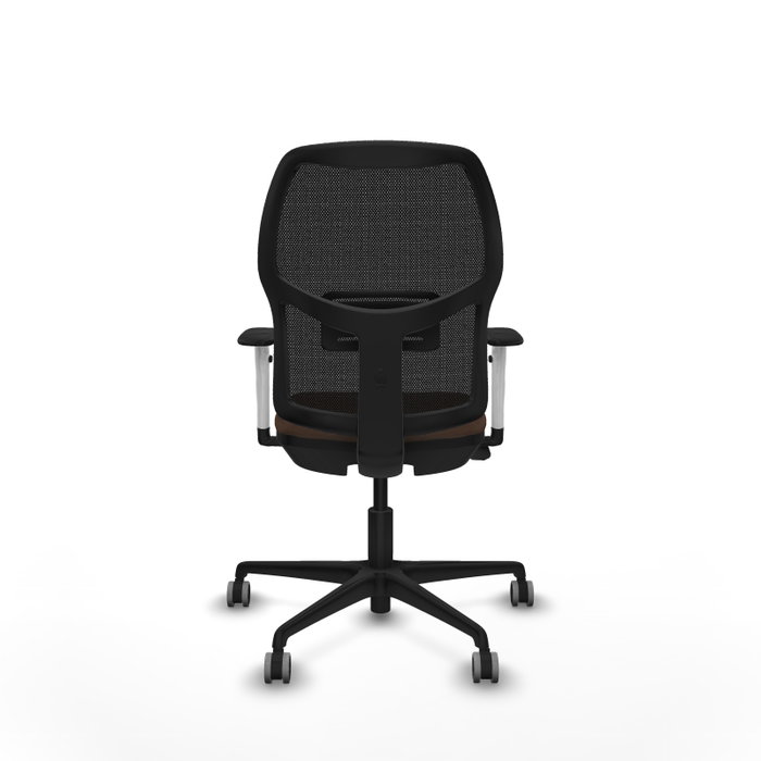 Chaise Alfera Synchrone/Traslack Maille/tissu Marron foncé Maille Noir Base en nylon noir Accoudoirs noirs et blancs Sans appui-tête Roulettes 65mm pour moquette