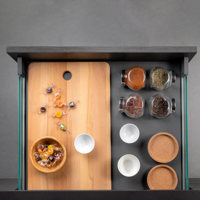 Emuca tiroir Extérieur Vertex 40kg côtés en verre 93mm de haut, 450mm de profondeur, Acier & Aluminium et Verre, Gris Anthracite