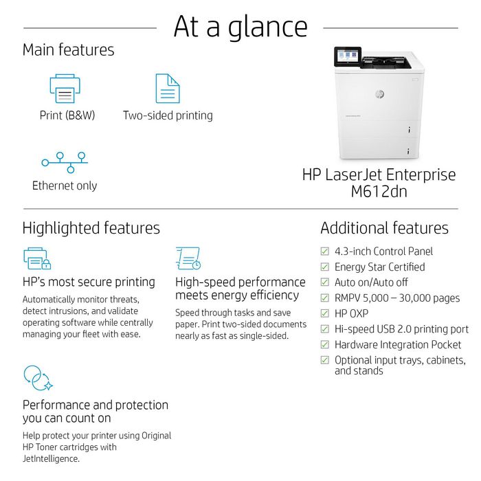 HP LaserJet Enterprise M612dn - Imprimante Laser Professionnelle Noir et Blanc 75 ppm, WiFi, Impression Recto Verso Automatique, Sécurité Dynamique HP JetIntelligence, Format A4