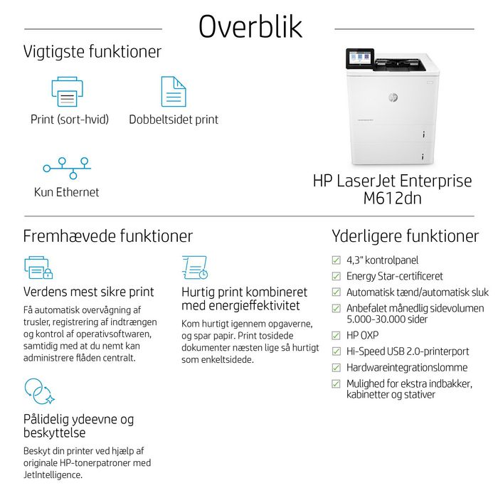 HP LaserJet Enterprise M612dn - Imprimante Laser Professionnelle Noir et Blanc 75 ppm, WiFi, Impression Recto Verso Automatique, Sécurité Dynamique HP JetIntelligence, Format A4