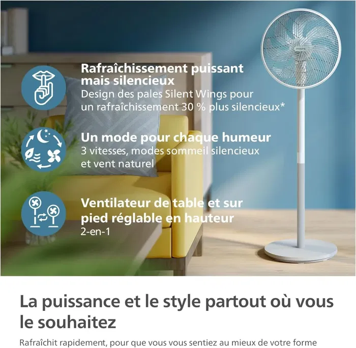 Philips CX5535/00 Ventilateur colonne silencieux Série 5000 - Débit d'air 230 m³/h, 28 dB(A), blanc, 3 vitesses, mode veille, oscillation 90°