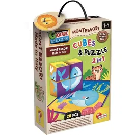 Lisciani Giochi Jeu Créatif Montessori Baby Bois 2-en-1 Cubes et Puzzle pour Développer Observation et Dextérité, Bois et Carton