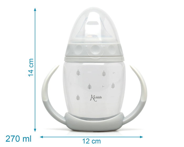 KioKids Tasse d'Apprentissage Anti-Colique Step 1 - 270 ml - Tétine en Silicone - Pour Bébé dès 6 Mois - SANS BPA - Couleur Gris - Collection Petits Moments