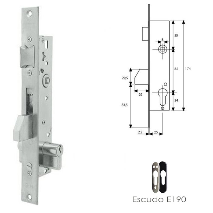 TESA Serrure 2210/25/3NI avec bouclier de sécurité E190