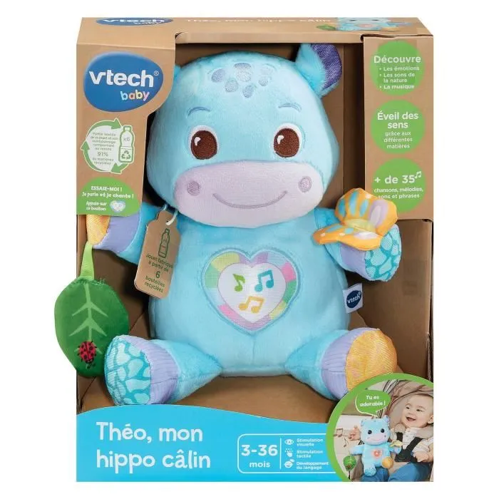 VTech Baby Théo Mon Hippo Câlin - Peluche interactive en tissu recyclé avec lumière, sons et textures - Jouet d'éveil pour bébé de 3 à 36 mois