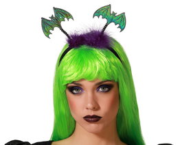 Atosa Diadema de Murciélagos Halloween Femme Adulte avec Chauves-souris Vertes en Mouvement et Plumes Violettes
