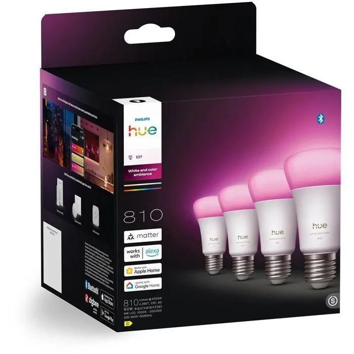 Philips Hue - Pack de 4 ampoules LED connectées A60 E27 - Lumière blanche et colorée, 6W (810 lm) - Gradation complète et technologie Chromasync